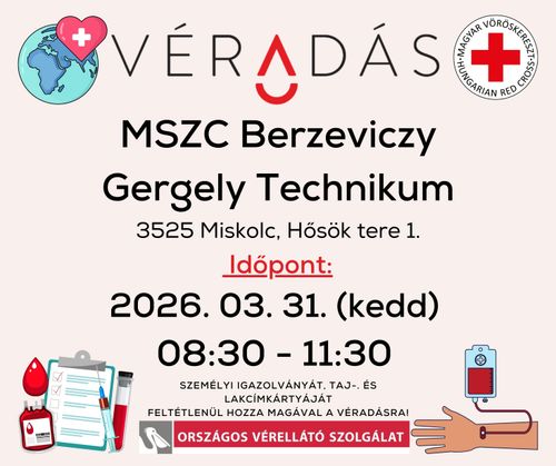 Figyelem! Véradás a Berzében! Adományozzunk egészséget!